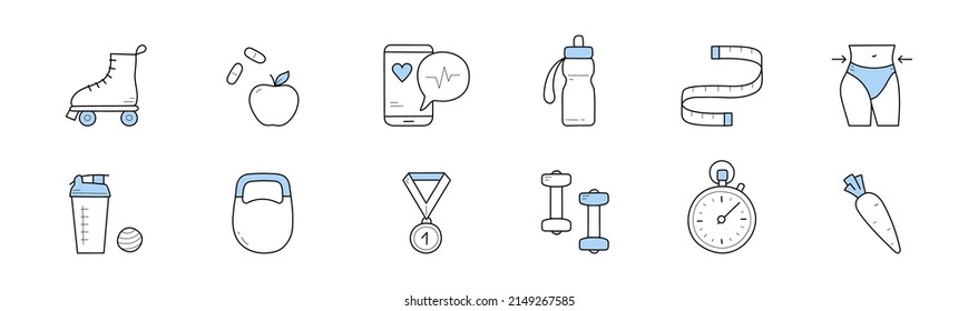 Fitness, healthy lifestyle doodle icons. Isolated vector roller skates, apple, pills and mobile app, water bottle, meter and slim figure. Shaker, weight, medal and dumbbells with stopwatch and carrot