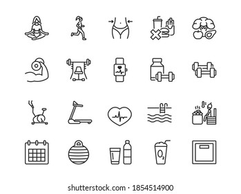 Fitness and healthy lifestyle flat line icons set. Vector illustration slimming, sport,good nutrition, workout. Editable strokes
