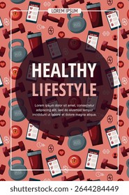 Fitness and healthy lifestyle flyer leaflet. Fitness pattern, seamless background with different sports equipments and icons on red background.