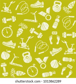 Fitness and a healthy lifestyle. Hatching a white pencil on a yellow-green field. Imitation. Vector pattern. 