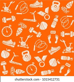 Fitness and a healthy lifestyle. Hatching a white pencil on the orange box. Imitation. Vector pattern. 