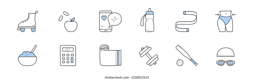 Fitness and healthy lifestyle icons with diet food, gym equipment, slim waist and measure tape. Vector hand drawn signs of workout and sport with dumbbell, yoga mat, water bottle, baseball bat