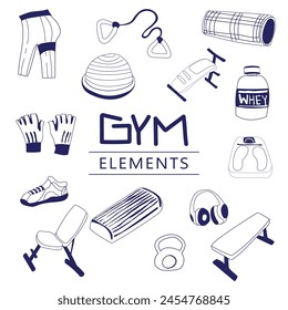 Fitness and healthy lifestyle icons set. Vector illustration in doodle style.