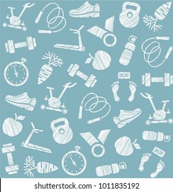 Fitness and a healthy lifestyle. Monochrome, flat icons. Hatching white pencil on gray-blue background. Imitation. Vector pattern. 