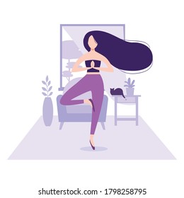 Fitness and healthy lifestyle. Stay at home concept. Pretty girl with long dark hair practicing yoga in the room or apartment in front of window. Young woman doing exercise. Workout with cat