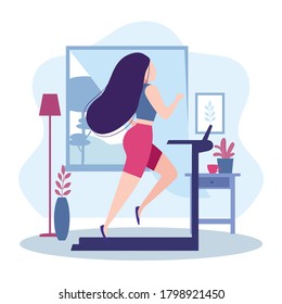 Gimnasio y estilo de vida saludable. Manténgase en casa. Chica de ciruela con el pelo largo y oscuro corriendo sobre la cinta en la habitación o el apartamento. Mujer haciendo ejercicio frente a la ventana. Ilustración del vector