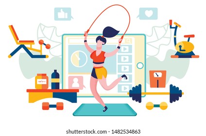 Fitness and Healthy Lifestyle. Womens Video Blog. Sporty Girl in Gym. Youtube Channel. Video Marketing. Online Trainer. Social Media Blog Management. Getting Money with Youtube. Vector EPS 10.