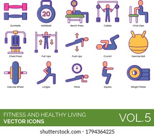 Fitness And Healthy Living Icons Including Dumbbells, Kettlebells, Bench Press, Cables, Chair Dips, Chest, Pull-ups, Push Up, Crunch, Exercise Ball, Wheel, Lunge, Plank, Squat, Weight Plate.