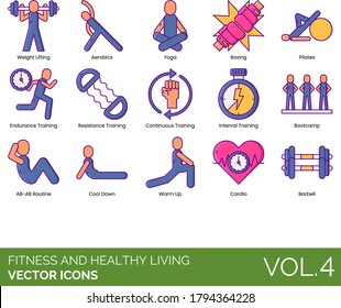 Fitness and healthy living icons including weight lifting, aerobics, yoga, boxing, pilates, endurance training, resistance, continuous, boot camp, AB-AB routine, cool down, warm up, cardio, barbell.