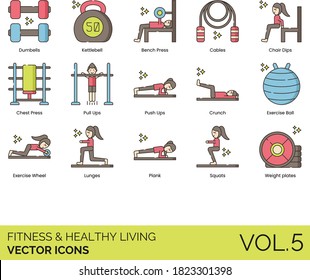 Fitness And Healthy Living Icons Including Dumbbells, Kettlebells, Bench Press, Cables, Chair Dips, Chest, Pull-ups, Push Up, Crunch, Exercise Ball, Wheel, Lunge, Plank, Squat, Weight Plate.