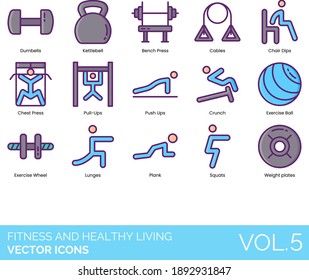 Fitness And Healthy Living Icons Including Dumbbells, Kettlebells, Bench Press, Cables, Chair Dips, Chest, Pull-ups, Push Up, Crunch, Exercise Ball, Wheel, Lunge, Plank, Squat, Weight Plate.