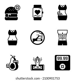 Fitness and healthy semi solid icon set.