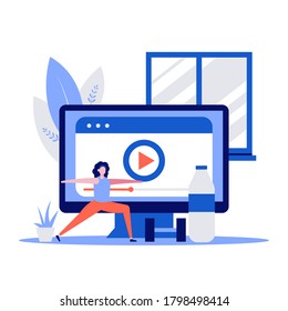 Fitness and healthy sport concept with character and dumbbell. Woman training at home with watching video in computer. Modern vector illustration in flat style for landing page, hero images.