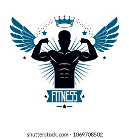 Fitness and heavyweight gym sport club logotype template, retro style vector emblem with wings. With sportsman silhouette.