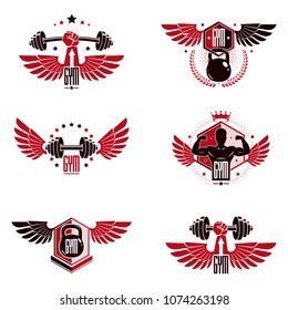 Fitness and heavyweight gym sport club logotype templates, retro style vector emblems set.