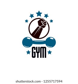 Fitness and heavyweight gym sport club logotype template, retro stylized vector emblem or badge.