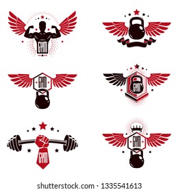 Fitness and heavyweight gym sport club logotype templates, retro style vector emblems set.