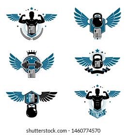 Fitness and heavyweight gym sport club logotype templates, retro style vector emblems set.
