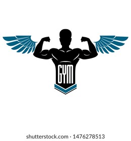 Fitness and heavyweight gym sport club logotype template, retro style vector emblem with wings. With sportsman silhouette.