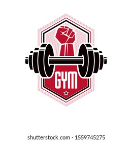 Fitness and heavyweight gym sport club logotype template, retro stylized vector emblem or badge. With barbell and strong hand fist.