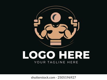 Fitness and heavyweight gym sport club logotype template, retro style vector emblem with wings. With sportsman silhouette.
