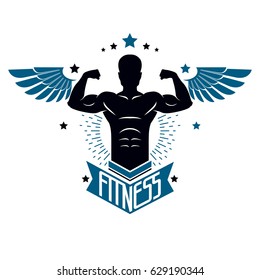 Fitness and heavyweight gym sport club logotype template, retro style vector emblem with wings. With sportsman silhouette.