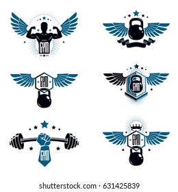 Fitness and heavyweight gym sport club logotype templates, retro style vector emblems set.