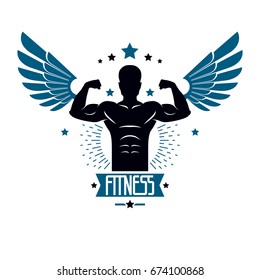 Fitness and heavyweight gym sport club logotype template, retro style vector emblem with wings. With sportsman silhouette.