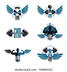 Fitness and heavyweight gym sport club logotype templates, retro style vector emblems set.