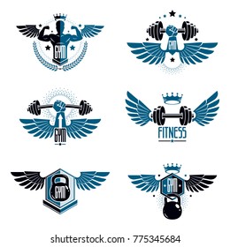 Fitness and heavyweight gym sport club logotype templates, retro style vector emblems set.