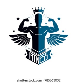 Fitness and heavyweight gym sport club logotype template, retro style vector emblem with wings. With sportsman silhouette.