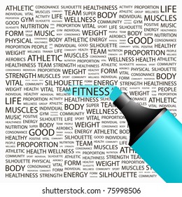 Gimnasio. Destacar sobre el fondo con diferentes términos de asociación. Ilustración vectorial.