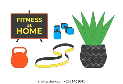 Fitness at home accessories 2D cartoon objects set. Kettlebell, resistance band, dumbbells, houseplant isolated elements flat vector cliparts on white background. Spot illustrations collection