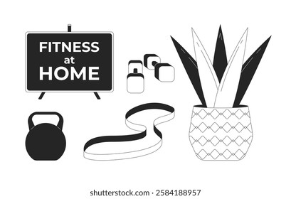 Fitness at home accessories black and white 2D line objects set. Kettlebell, resistance band, dumbbells, houseplant isolated clip arts vector outline items collection. Monochrome spot illustrations