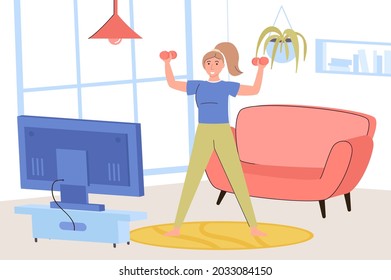 Fitness at home concept. Happy woman exercising with dumbbells and watching video lesson with workout, engaging in sports activity in living room with TV. Vector illustration in trendy flat design