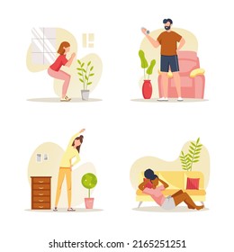 Fitness at home concept with people scene set. Men and women doing morning exercises, sport training, practicing yoga, doing exercises with dumbbells. Vector illustration in flat design for web