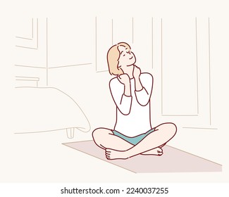 fitness, home and diet concept - smiling teenage girl streching on floor at home. Hand drawn style vector design illustrations.