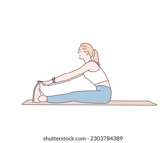 fitness, home and diet concept - smiling teenage girl streching on floor at home. Hand drawn style vector design illustrations.