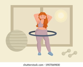 Fitness at home. Fat girl twists hula hoop. 