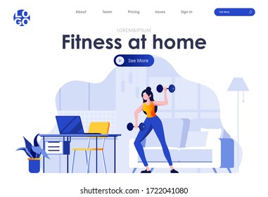 Fitness at home flat landing page design. Girl exercising with dumbbells at home scene with header. Healthy lifestyle and activity, daily fitness training or gymnastics in morning situation.