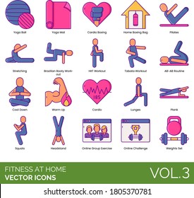 Fitness at home icons including yoga ball, cardio, boxing bag, pilates, stretching, HIIT, tabata, AB-AB routine, cool down, warm up, lunges, plank, squat, headstand, online group exercise, weight set.