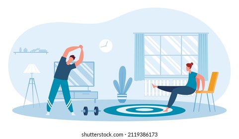 Fitness at home. Man and woman doing physical exercise in living room. Characters doing sport, leading healthy lifestyle. Having workouts to keep fit body vector, wellness and healthcare concept