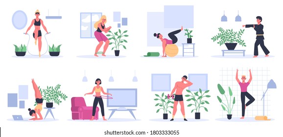 Fitness At Home. People Exercising, Practice Yoga, Man Workout With Dumbbell, Athletic Women Home Workout Activities Vector Illustration Set. Fitness Exercise And Workout At Home