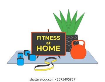 Fitness at home setup 2D illustration concept. Kettlebell, dumbbells, resistance band, potted plant, motivational sign cartoon composition isolated on white. Metaphor abstract flat vector graphic