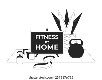 Fitness at home setup black and white 2D illustration concept. Kettlebell, dumbbells, resistance band, potted plant, motivational sign outline composition isolated. Metaphor monochrome vector art