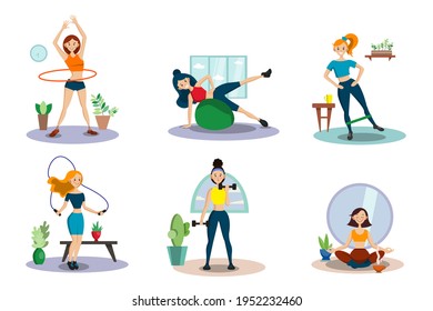 Fitness at home. Women train, do yoga, do sports exercises at home. Healthy lifestyle. Set of vector illustrations. Coronavirus quarantine isolation.