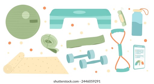 Fitness home workout equipment isolated on white background. Resistant band, ball, step platform. Vector flat illustration.