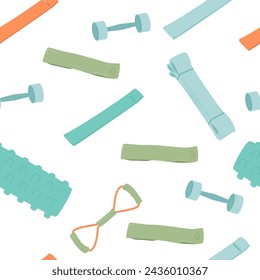 Fitness home workout equipment seamless pattern. foam sport roller and resistant band. Vector flat illustration.