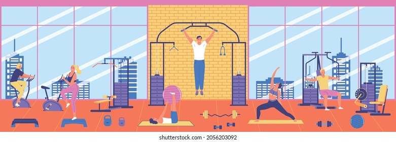 Fitness horizontal background with people doing sports on simulators in gym flat color vector illustration