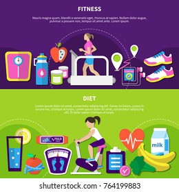 Fitness horizontal banners with women at exercise equipment, diet nutrition, sport app and devices isolated vector illustration  